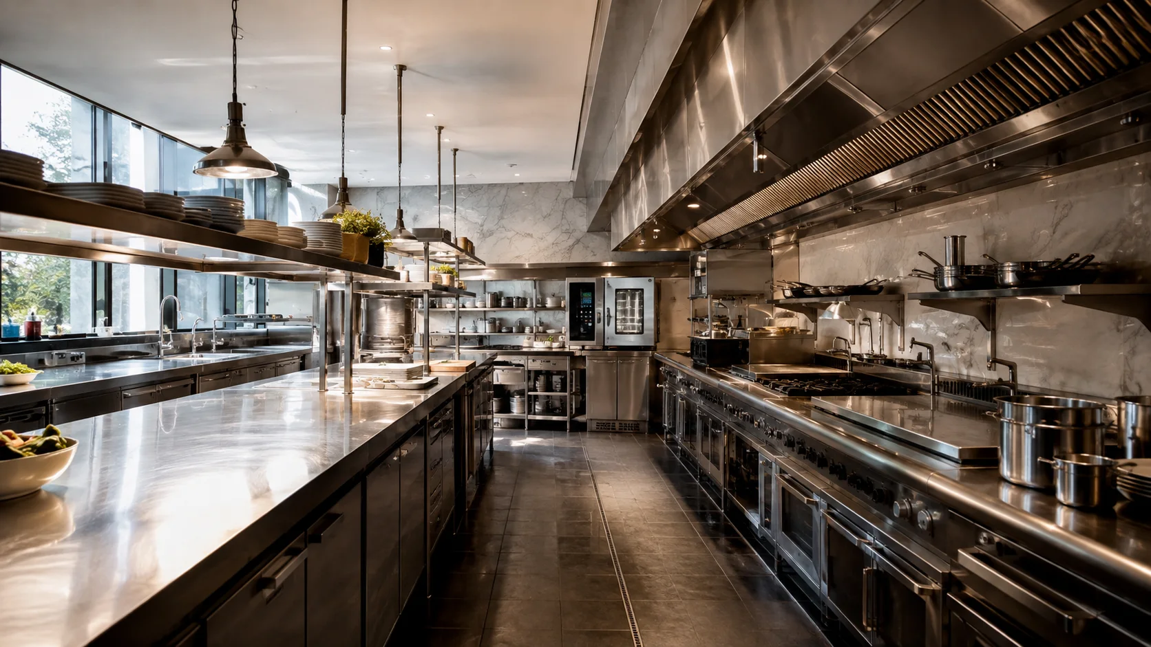 Conceptual view of an anonymous premium commercial kitchen